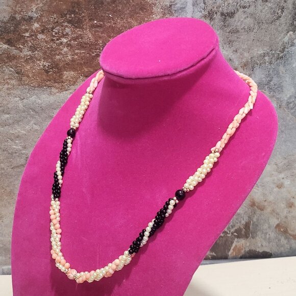 Multi Strand Beads Necklace Two Twisted Strands Pink Black White Beads - Picture 7 of 10